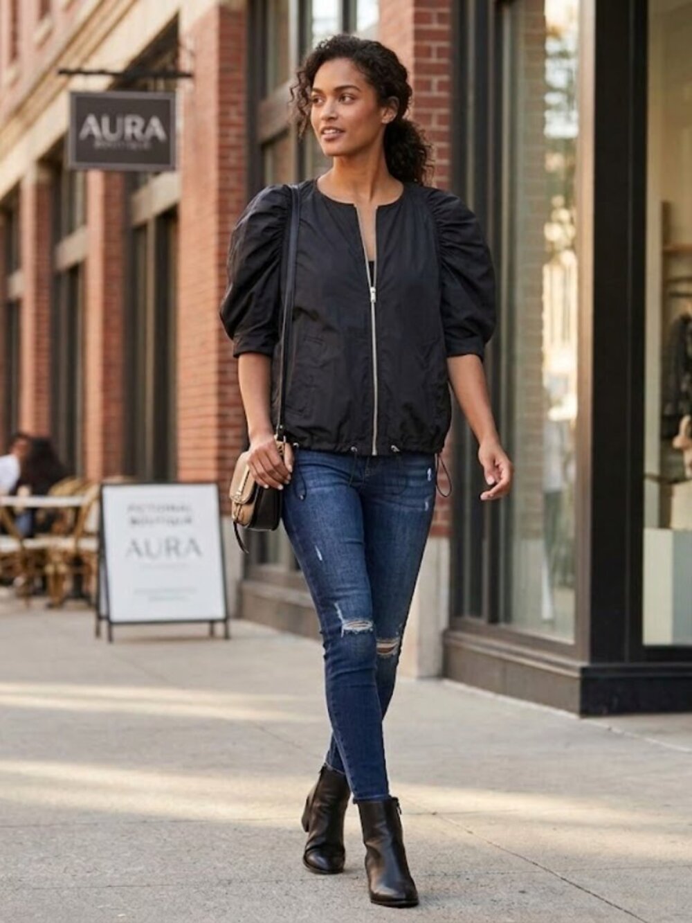 BCBGMaxAzria Black Short Puff Sleeve Zip Jacket Large